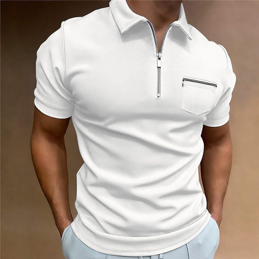 Summer Men's Solid Color Pocket Short Sleeve Lapel T-shirt