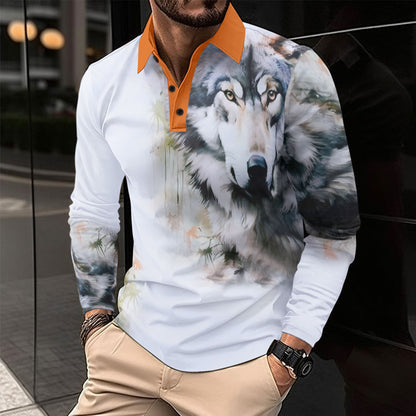 Long Sleeve Wolf Head Men's Casual Polo Shirt