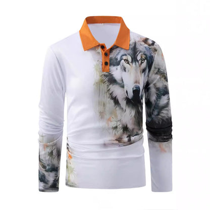 Long Sleeve Wolf Head Men's Casual Polo Shirt